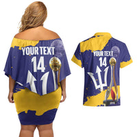 Barbados Royals Cricket Custom Couples Matching Off Shoulder Short Dress and Hawaiian Shirt 3rd Champions Trophy Proud - Blue - Wonder Print Shop