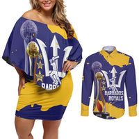 Barbados Royals Cricket Custom Couples Matching Off Shoulder Short Dress and Long Sleeve Button Shirt 3rd Champions Trophy Proud - Blue - Wonder Print Shop