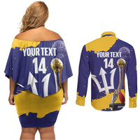 Barbados Royals Cricket Custom Couples Matching Off Shoulder Short Dress and Long Sleeve Button Shirt 3rd Champions Trophy Proud - Blue - Wonder Print Shop