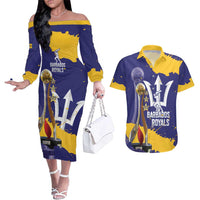 Barbados Royals Cricket Custom Couples Matching Off The Shoulder Long Sleeve Dress and Hawaiian Shirt 3rd Champions Trophy Proud - Blue - Wonder Print Shop
