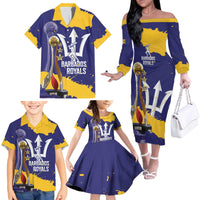 Barbados Royals Cricket Custom Family Matching Off The Shoulder Long Sleeve Dress and Hawaiian Shirt 3rd Champions Trophy Proud - Blue - Wonder Print Shop