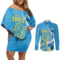 Saint Lucia Kings Cricket Custom Couples Matching Off Shoulder Short Dress and Long Sleeve Button Shirt 2025 2nd Champions Back To Back - Wonder Print Shop
