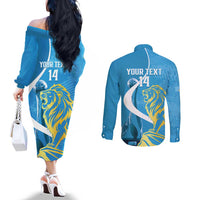 Saint Lucia Kings Cricket Custom Couples Matching Off The Shoulder Long Sleeve Dress and Long Sleeve Button Shirt 2025 2nd Champions Back To Back - Wonder Print Shop