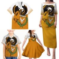 Personalised Cyprus Independence Day Family Matching Puletasi Dress and Hawaiian Shirt Coat Of Arms With Cypriot Mouflon Gradient Style - Wonder Print Shop
