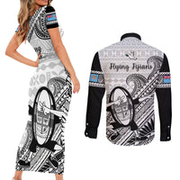 Fiji Tapa Rugby Couples Matching Short Sleeve Bodycon Dress and Long Sleeve Button Shirts Flying Fijian 2023 World Cup With Dabbing Ball - Wonder Print Shop