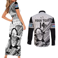 Custom Fiji Tapa Rugby Couples Matching Short Sleeve Bodycon Dress and Long Sleeve Button Shirts Flying Fijian 2023 World Cup With Dabbing Ball - Wonder Print Shop