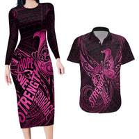 Polynesia Breast Cancer Awareness Couples Matching Long Sleeve Bodycon Dress and Hawaiian Shirt No One Fights Alone Pink Ribbon With Butterfly - Wonder Print Shop