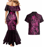 Polynesia Breast Cancer Awareness Couples Matching Mermaid Dress and Hawaiian Shirt No One Fights Alone Pink Ribbon With Butterfly - Wonder Print Shop