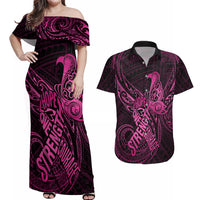 Polynesia Breast Cancer Awareness Couples Matching Off Shoulder Maxi Dress and Hawaiian Shirt No One Fights Alone Pink Ribbon With Butterfly - Wonder Print Shop