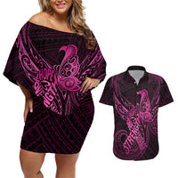 Polynesia Breast Cancer Awareness Couples Matching Off Shoulder Short Dress and Hawaiian Shirt No One Fights Alone Pink Ribbon With Butterfly - Wonder Print Shop