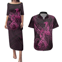 Polynesia Breast Cancer Awareness Couples Matching Puletasi Dress and Hawaiian Shirt No One Fights Alone Pink Ribbon With Butterfly - Wonder Print Shop