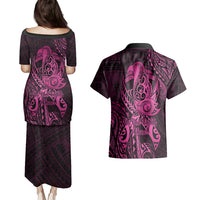 Polynesia Breast Cancer Awareness Couples Matching Puletasi Dress and Hawaiian Shirt No One Fights Alone Pink Ribbon With Butterfly - Wonder Print Shop