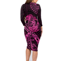 Polynesia Breast Cancer Awareness Family Matching Long Sleeve Bodycon Dress and Hawaiian Shirt No One Fights Alone Pink Ribbon With Butterfly - Wonder Print Shop