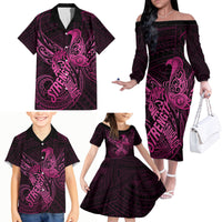 Polynesia Breast Cancer Awareness Family Matching Off Shoulder Long Sleeve Dress and Hawaiian Shirt No One Fights Alone Pink Ribbon With Butterfly - Wonder Print Shop