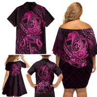 Polynesia Breast Cancer Awareness Family Matching Off Shoulder Short Dress and Hawaiian Shirt No One Fights Alone Pink Ribbon With Butterfly - Wonder Print Shop