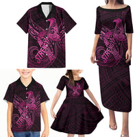Polynesia Breast Cancer Awareness Family Matching Puletasi Dress and Hawaiian Shirt No One Fights Alone Pink Ribbon With Butterfly - Wonder Print Shop