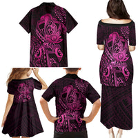 Polynesia Breast Cancer Awareness Family Matching Puletasi Dress and Hawaiian Shirt No One Fights Alone Pink Ribbon With Butterfly - Wonder Print Shop