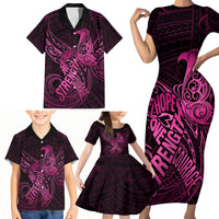 Polynesia Breast Cancer Awareness Family Matching Short Sleeve Bodycon Dress and Hawaiian Shirt No One Fights Alone Pink Ribbon With Butterfly - Wonder Print Shop
