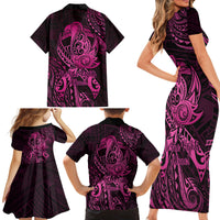 Polynesia Breast Cancer Awareness Family Matching Short Sleeve Bodycon Dress and Hawaiian Shirt No One Fights Alone Pink Ribbon With Butterfly - Wonder Print Shop