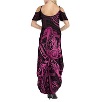 Polynesia Breast Cancer Awareness Family Matching Summer Maxi Dress and Hawaiian Shirt No One Fights Alone Pink Ribbon With Butterfly - Wonder Print Shop