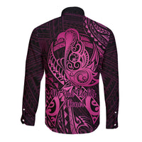 Polynesia Breast Cancer Awareness Long Sleeve Button Shirt No One Fights Alone Pink Ribbon With Butterfly - Wonder Print Shop