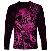 Polynesia Breast Cancer Awareness Long Sleeve Shirt No One Fights Alone Pink Ribbon With Butterfly - Wonder Print Shop