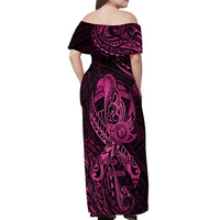 Polynesia Breast Cancer Awareness Off Shoulder Maxi Dress No One Fights Alone Pink Ribbon With Butterfly - Wonder Print Shop