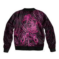 Polynesia Breast Cancer Awareness Sleeve Zip Bomber Jacket No One Fights Alone Pink Ribbon With Butterfly - Wonder Print Shop