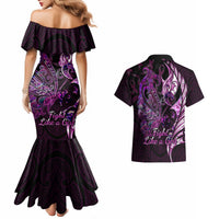 Personalised New Zealand Breast Cancer Couples Matching Mermaid Dress and Hawaiian Shirt Fight Like A Girl Pink Manaia Fern With Paua Shell - Wonder Print Shop