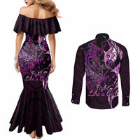 personalised-new-zealand-breast-cancer-couples-matching-mermaid-dress-and-long-sleeve-button-shirts-fight-like-a-girl-pink-manaia-fern-with-paua-shell