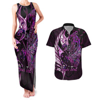 Personalised New Zealand Breast Cancer Couples Matching Tank Maxi Dress and Hawaiian Shirt Fight Like A Girl Pink Manaia Fern With Paua Shell - Wonder Print Shop