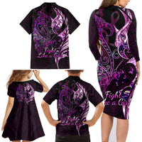 Personalised New Zealand Breast Cancer Family Matching Long Sleeve Bodycon Dress and Hawaiian Shirt Fight Like A Girl Pink Manaia Fern With Paua Shell - Wonder Print Shop