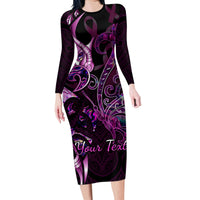 Personalised New Zealand Breast Cancer Family Matching Long Sleeve Bodycon Dress and Hawaiian Shirt Fight Like A Girl Pink Manaia Fern With Paua Shell - Wonder Print Shop