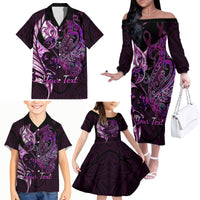 Personalised New Zealand Breast Cancer Family Matching Off Shoulder Long Sleeve Dress and Hawaiian Shirt Fight Like A Girl Pink Manaia Fern With Paua Shell - Wonder Print Shop