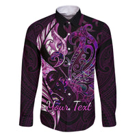 Personalised New Zealand Breast Cancer Family Matching Off Shoulder Long Sleeve Dress and Hawaiian Shirt Fight Like A Girl Pink Manaia Fern With Paua Shell - Wonder Print Shop