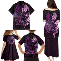 Personalised New Zealand Breast Cancer Family Matching Puletasi Dress and Hawaiian Shirt Fight Like A Girl Pink Manaia Fern With Paua Shell - Wonder Print Shop