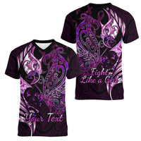 Personalised New Zealand Breast Cancer Women V Neck T Shirt Fight Like A Girl Pink Manaia Fern With Paua Shell - Wonder Print Shop