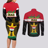 Personalised Iraq National Day Couples Matching Long Sleeve Bodycon Dress and Long Sleeve Button Shirts Iraqi Coat Of Arms With Flag Style - Wonder Print Shop
