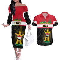 Personalised Iraq National Day Couples Matching Off The Shoulder Long Sleeve Dress and Hawaiian Shirt Iraqi Coat Of Arms With Flag Style - Wonder Print Shop