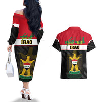 Personalised Iraq National Day Couples Matching Off The Shoulder Long Sleeve Dress and Hawaiian Shirt Iraqi Coat Of Arms With Flag Style - Wonder Print Shop