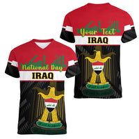 Personalised Iraq National Day Women V Neck T Shirt Iraqi Coat Of Arms With Flag Style - Wonder Print Shop
