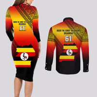Uganda Independence Day Couples Matching Long Sleeve Bodycon Dress and Long Sleeve Button Shirts Jamhuri ya Uganda Happy 61st Anniversary - Wonder Print Shop