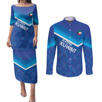 Custom Kuwait Football Couples Matching Puletasi and Long Sleeve Button Shirt Al-Azraq Sporty Style - Wonder Print Shop