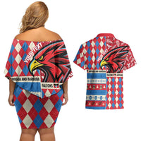 Personalized Antigua & Barbuda Cricket Christmas Couples Matching Off Shoulder Short Dress and Hawaiian Shirt Merry Xmas Falcons - Wonder Print Shop