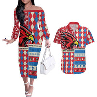 Personalized Antigua & Barbuda Cricket Christmas Couples Matching Off The Shoulder Long Sleeve Dress and Hawaiian Shirt Merry Xmas Falcons - Wonder Print Shop