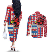 Personalized Antigua & Barbuda Cricket Christmas Couples Matching Off The Shoulder Long Sleeve Dress and Long Sleeve Button Shirt Merry Xmas Falcons - Wonder Print Shop