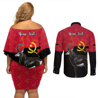 Personalised Angola Independence Day Couples Matching Off Shoulder Short Dress and Long Sleeve Button Shirts Angolan Samakaka With Giant Sable Antelope - Wonder Print Shop