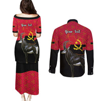 Personalised Angola Independence Day Couples Matching Puletasi Dress and Long Sleeve Button Shirts Angolan Samakaka With Giant Sable Antelope - Wonder Print Shop