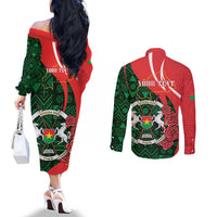 Personalised Burkina Faso Republic Day Couples Matching Off The Shoulder Long Sleeve Dress and Long Sleeve Button Shirt Happy 66th Anniversary - Bogolan Pattern