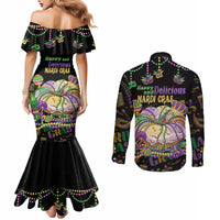 Happy And Delicious Mardi Gras Couples Matching Mermaid Dress and Long Sleeve Button Shirt King Cake And Luxury Beadeds
